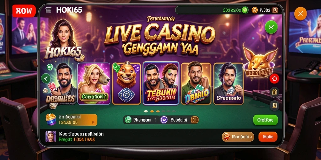 Screenshot HOKI65 menunjukkan dealer langsung yang berinteraksi dengan pemain dalam suasana kasino.