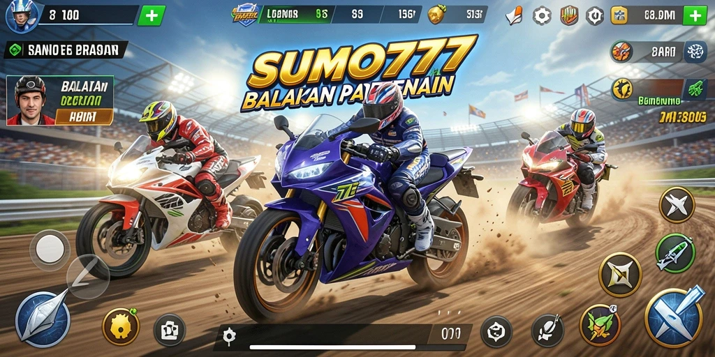Tangkapan layar SUMO777 menampilkan balapan motor yang intens.
